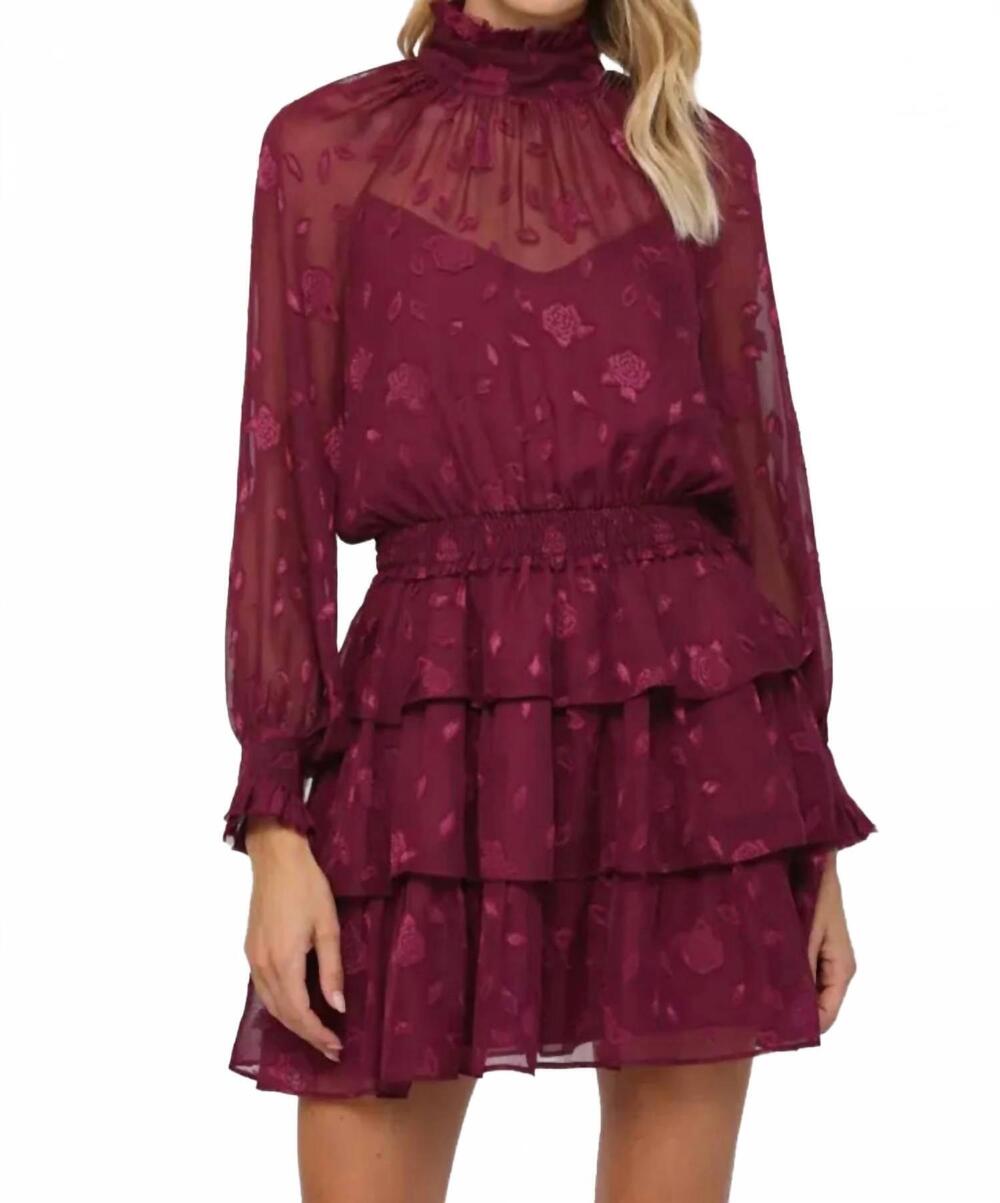 NEW FATE floral sheer ruffle dress in ruby